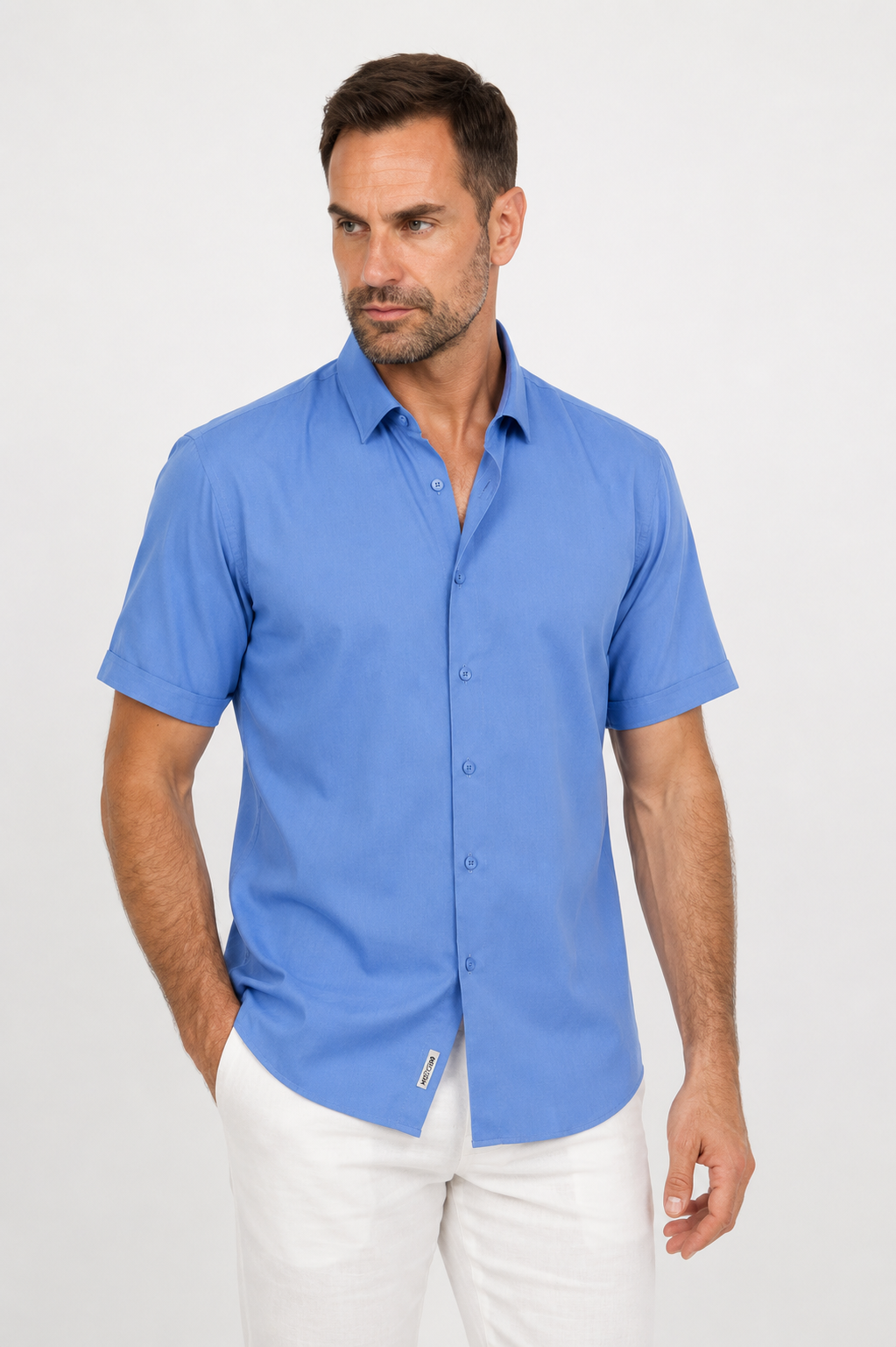 Men's S/S Blue Solid Button Down Crosshatch Shirt