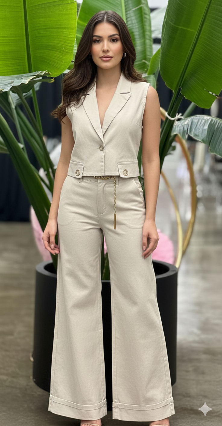 Conjunto Sastre 'Chic Effortless' - Chaleco y Pantalón Wide Leg Beige