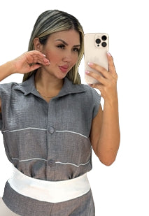 Set de Lino casual sin mangas detalle en blanco