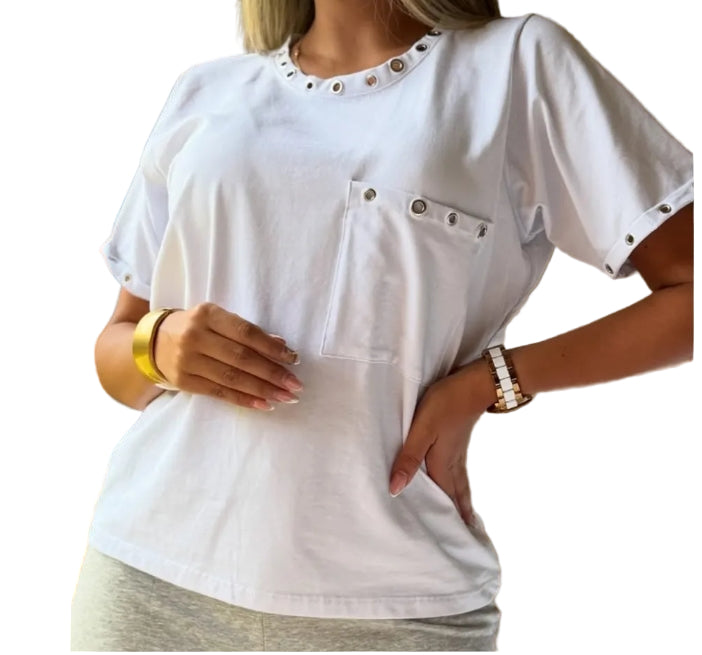 Blusa Casual Algodón - Detalles Ojalillos Metálicos