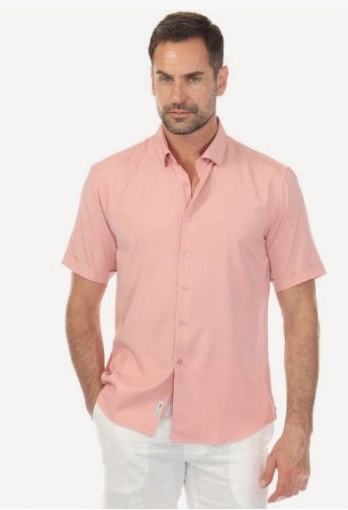 Men's S/S Salmon Solid 4-Way Stretch Shirt with Cubic Texture