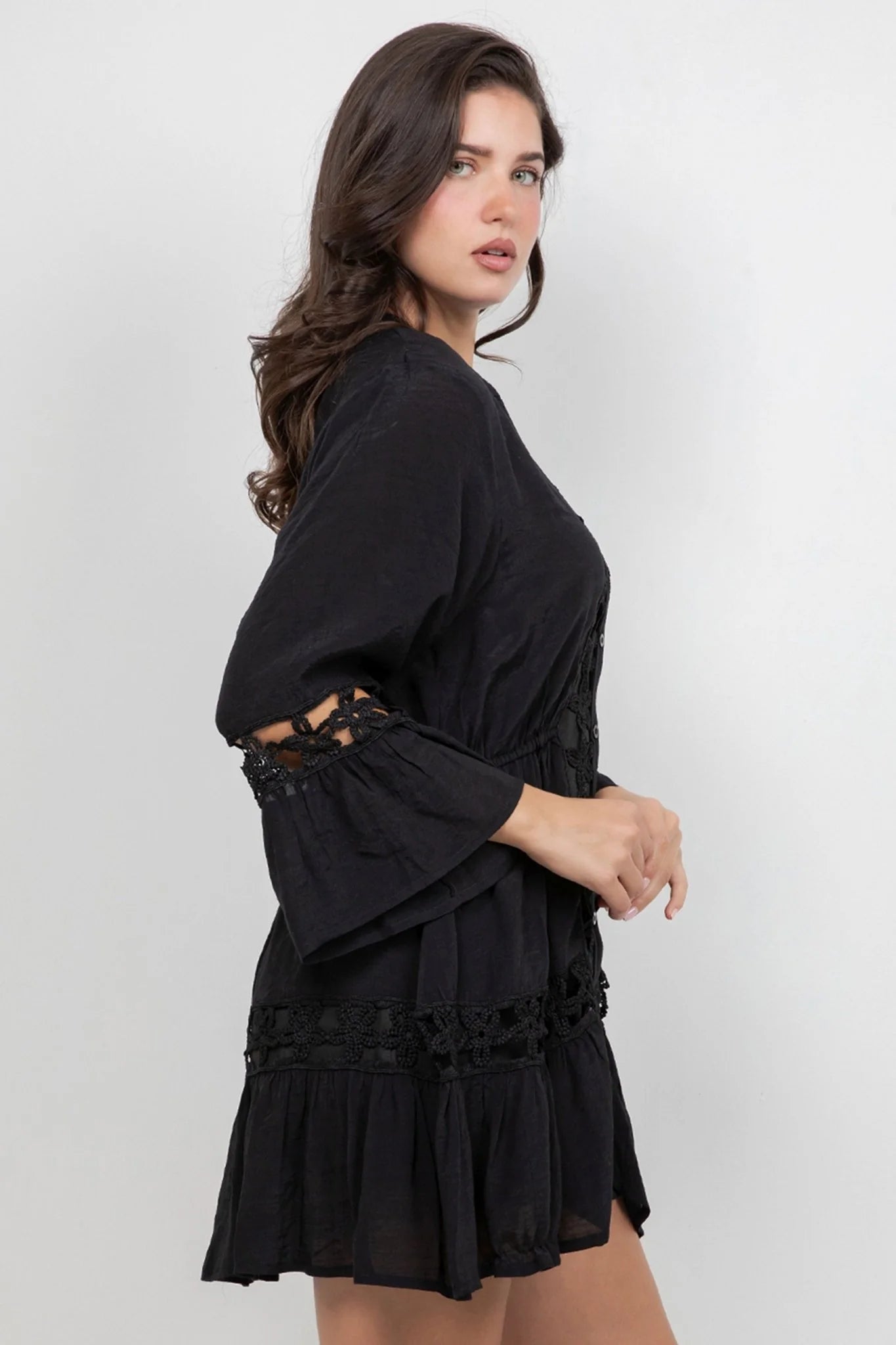 Ladies 3/4 Sleeve Button Down Dress with Flower Lace Cut Outs