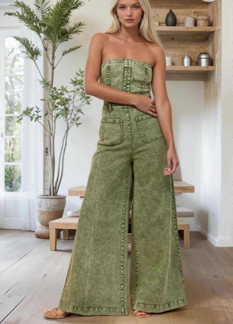 Enterizo Denim 'Moss' Strapless - Wide Leg con Efecto Desgastado