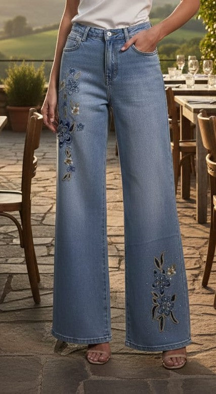 Jeans Wide Leg 'Florencia' con Bordado Floral y Pedrería