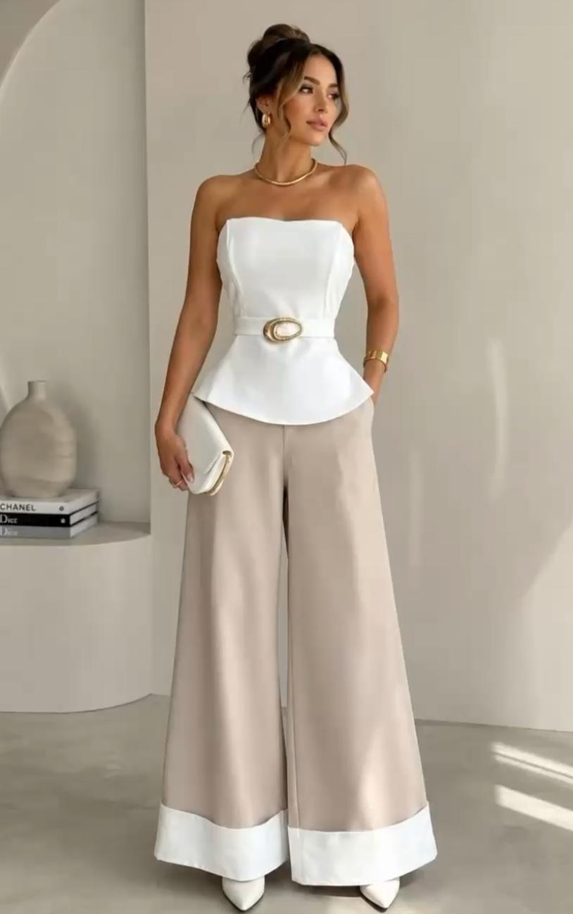 Beige Wide-Leg Pants with White Cuff