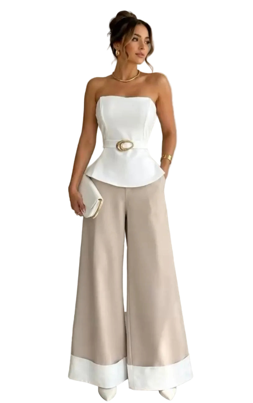 Beige Wide-Leg Pants with White Cuff