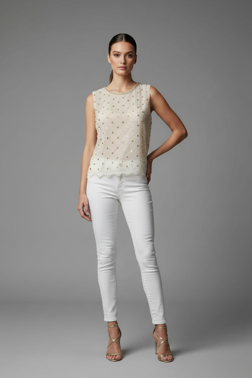 Modelo con Blusa Bordada Marfil Elpis y jeans blancos
