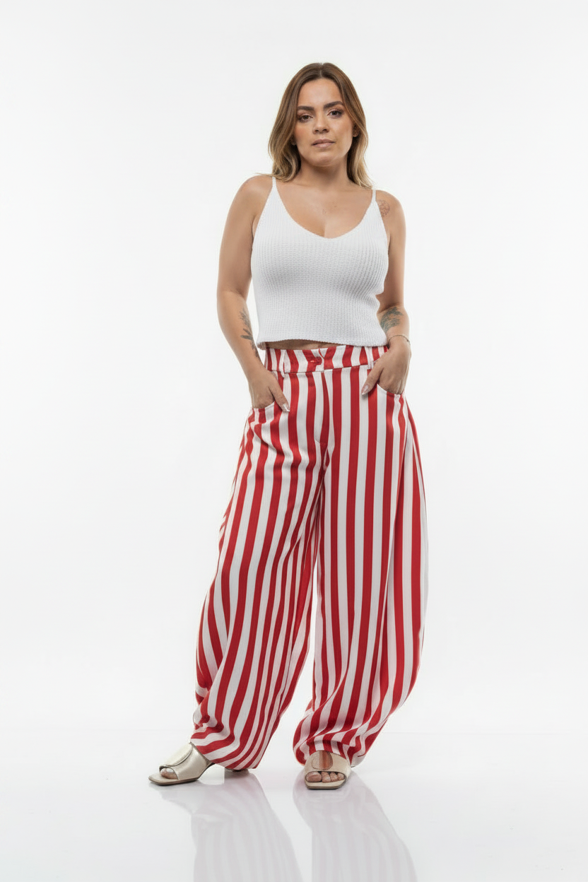 Pantalón palazzo italiano de rayas rojo y blanco