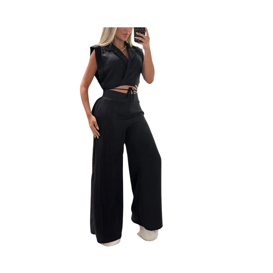 Set Formal 2 Piezas - Blusa Cruzada y Pantalón Bota Ancha