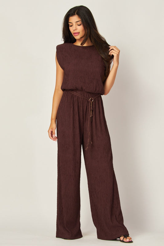 Jumpsuit Marrón Chocolate Texturizado - Conjunto Elegante con Cinturón
