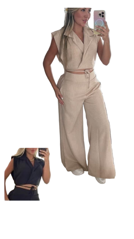 Set Formal 2 Piezas - Blusa Cruzada y Pantalón Bota Ancha