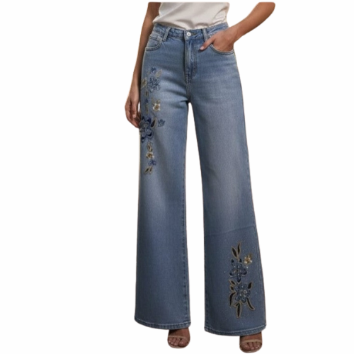Jeans Wide Leg 'Florencia' con Bordado Floral y Pedrería