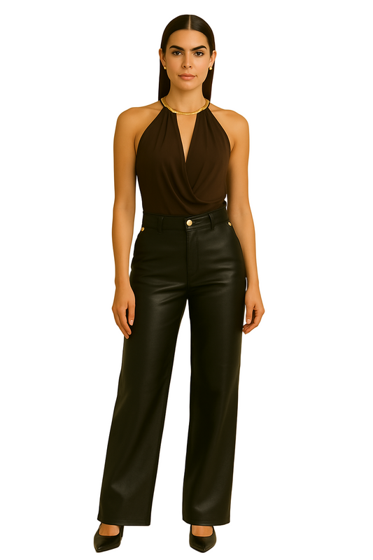 Pantalón Negro Wide Leg en Cuero Vegano (Italy Collection)