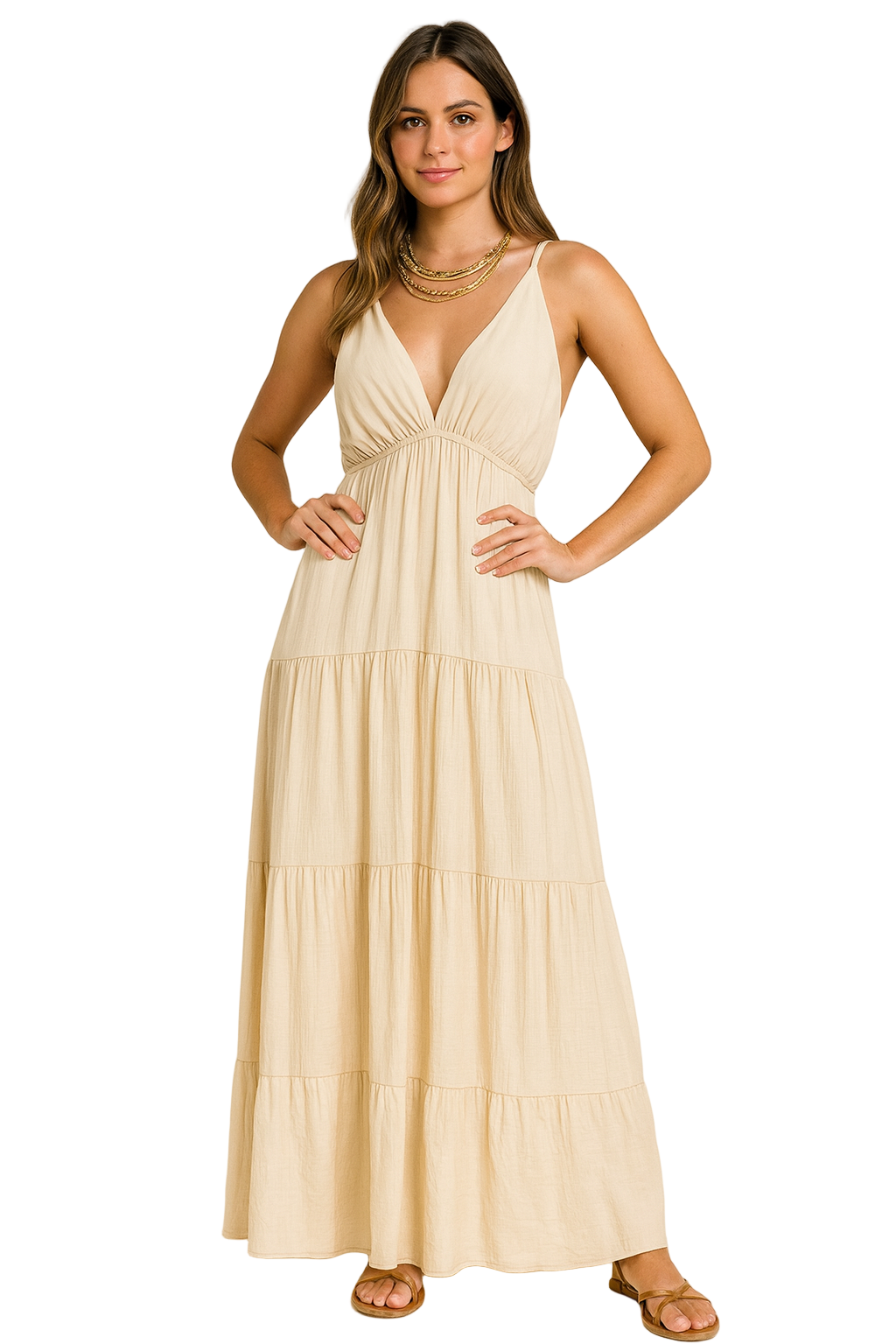 Vestido Maxi Beige Escote V - Elegante y Versátil