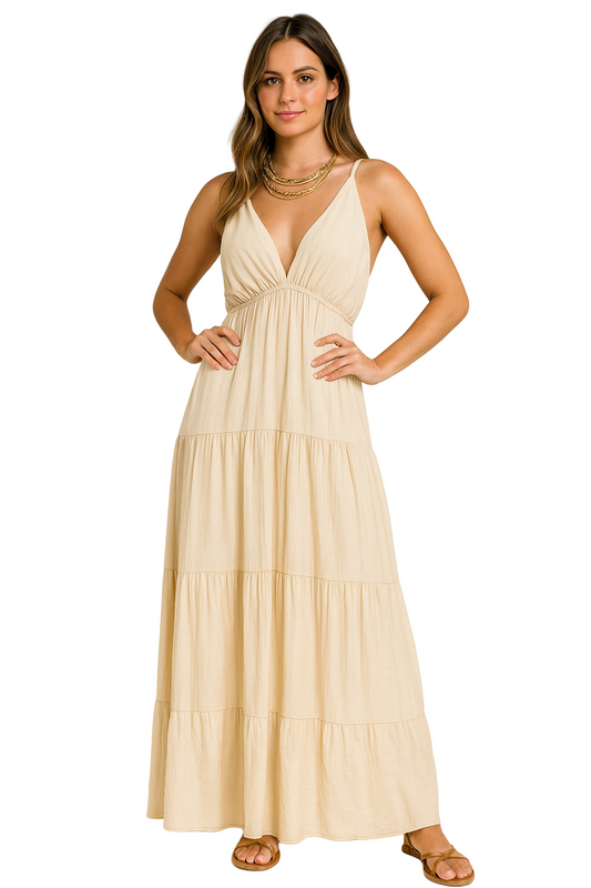 Vestido Maxi Beige Escote V - Elegante y Versátil