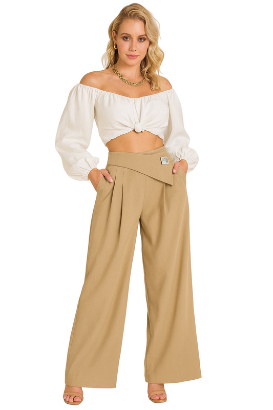Pantalón Wide Leg Beige Tiro Alto - Elegante y Versátil