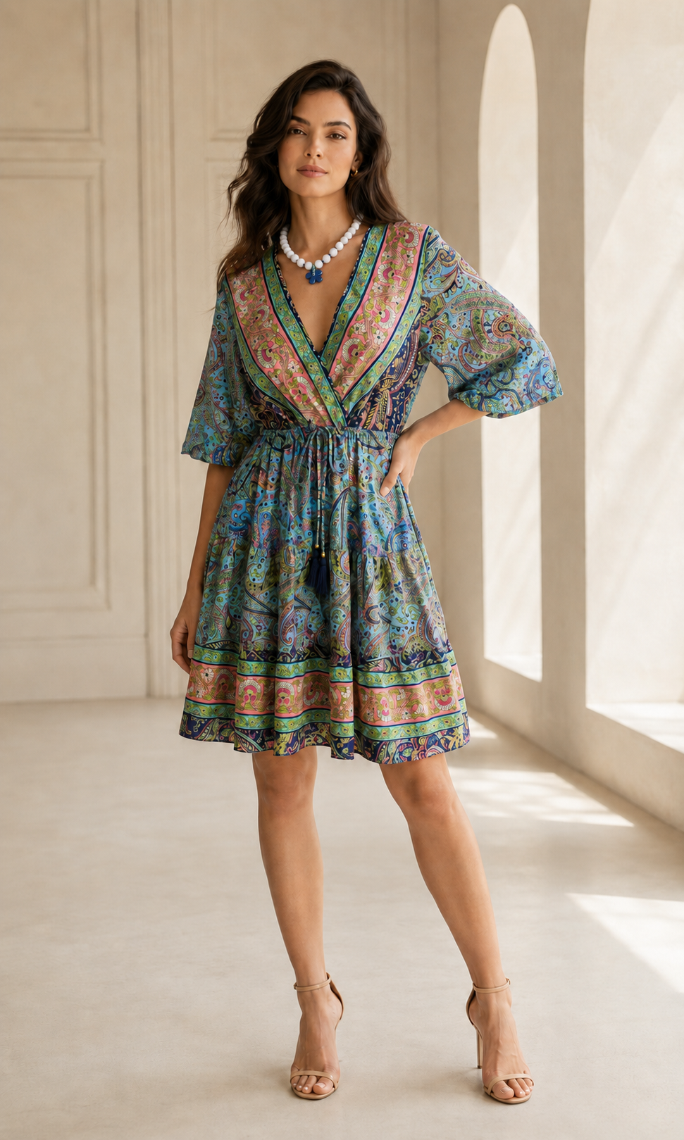 Vestido corto estilo kimono con escote en V cruzado, estampado paisley en azul, verde y naranja, cintura con cordón, hecho en India