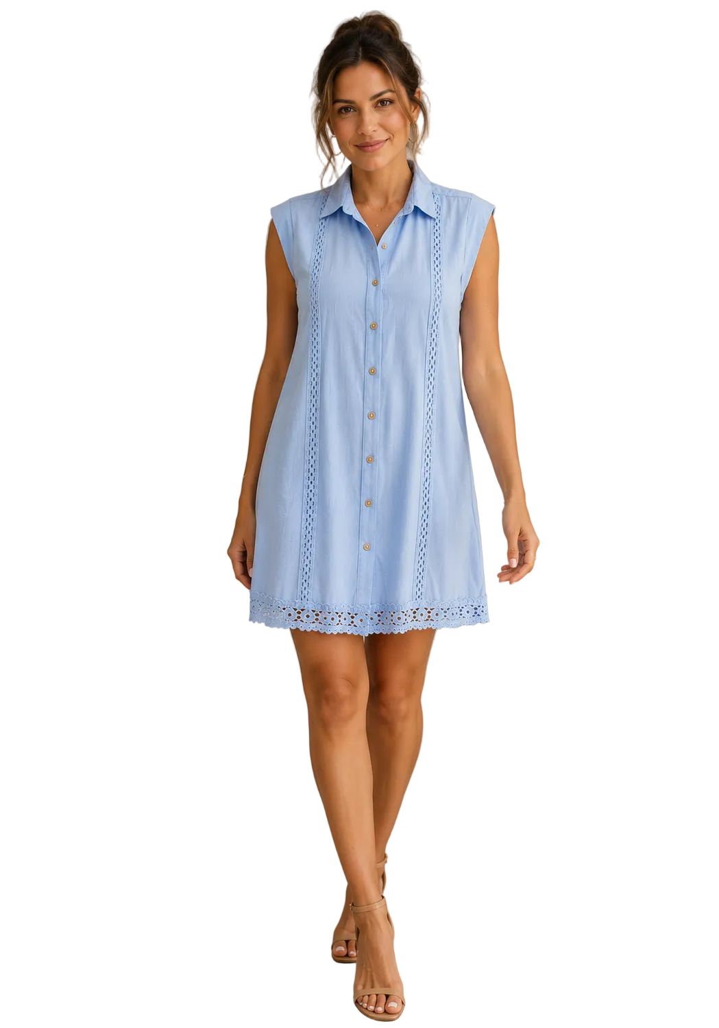 Vestido de Lino Sin Mangas con Encaje y Botones