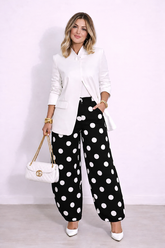 Italian Barrel Leg Pants – Blue & White Polka Dot