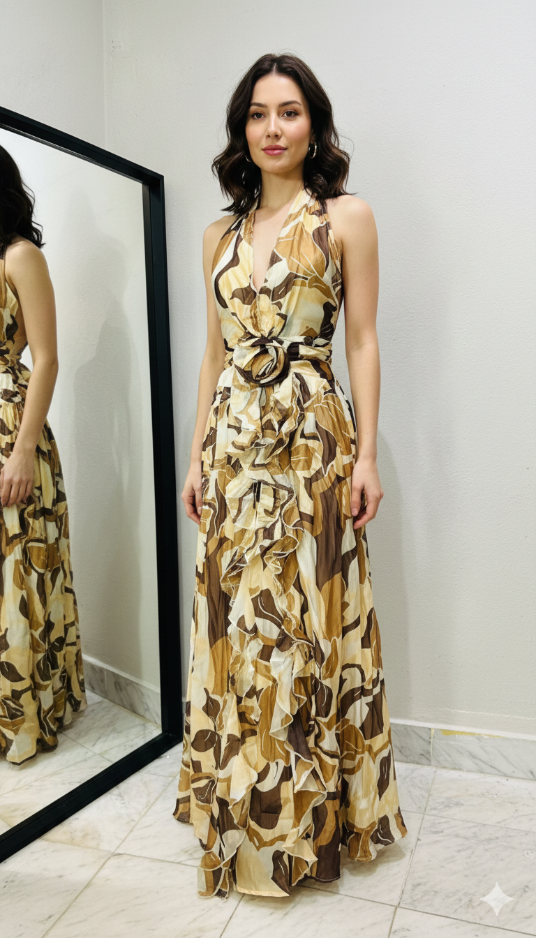 Vestido Largo Floral Dorado - Escote Halter Elegante