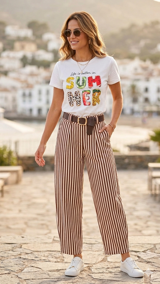 Pantalón Italiano Rayas Terracota y Bone White con Correa