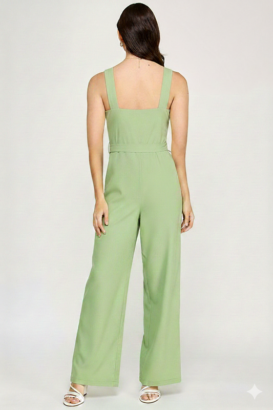 Jumpsuit Verde Pistachio con Cinturón - Pierna Ancha Elegante