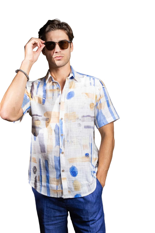 Men's S/S Button Down Crosshatch with Abstract Design