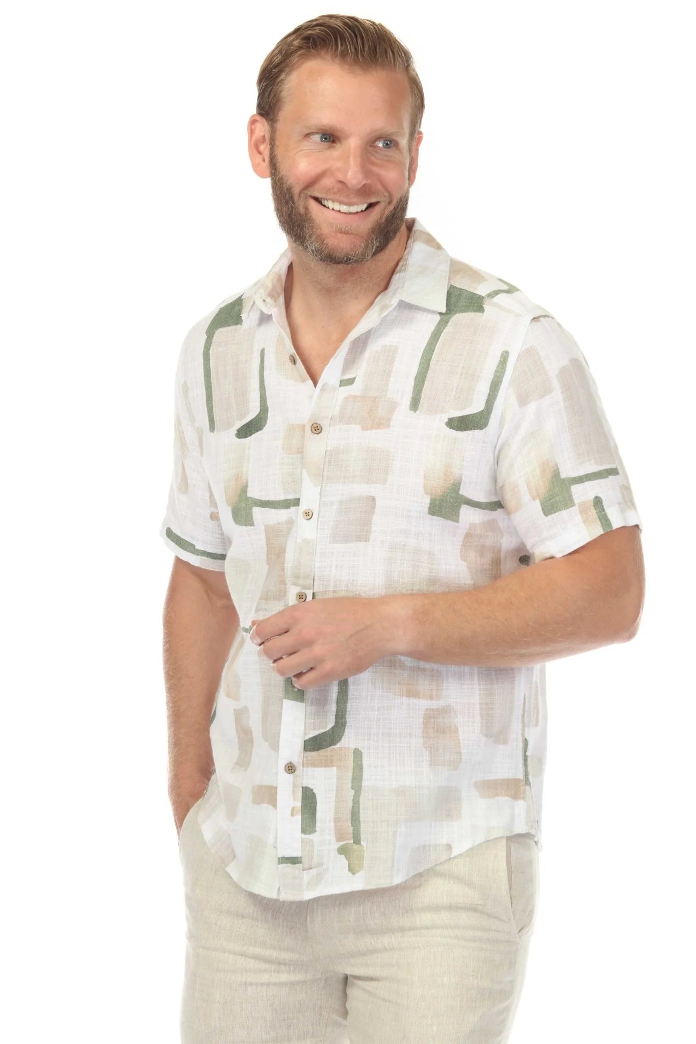 Men's S/S Button Down Crosshatch with Abstract Design – Multi
