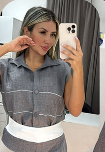 Set de Lino casual sin mangas detalle en blanco