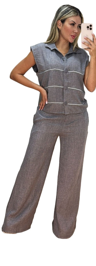 Set de Lino casual sin mangas detalle en blanco