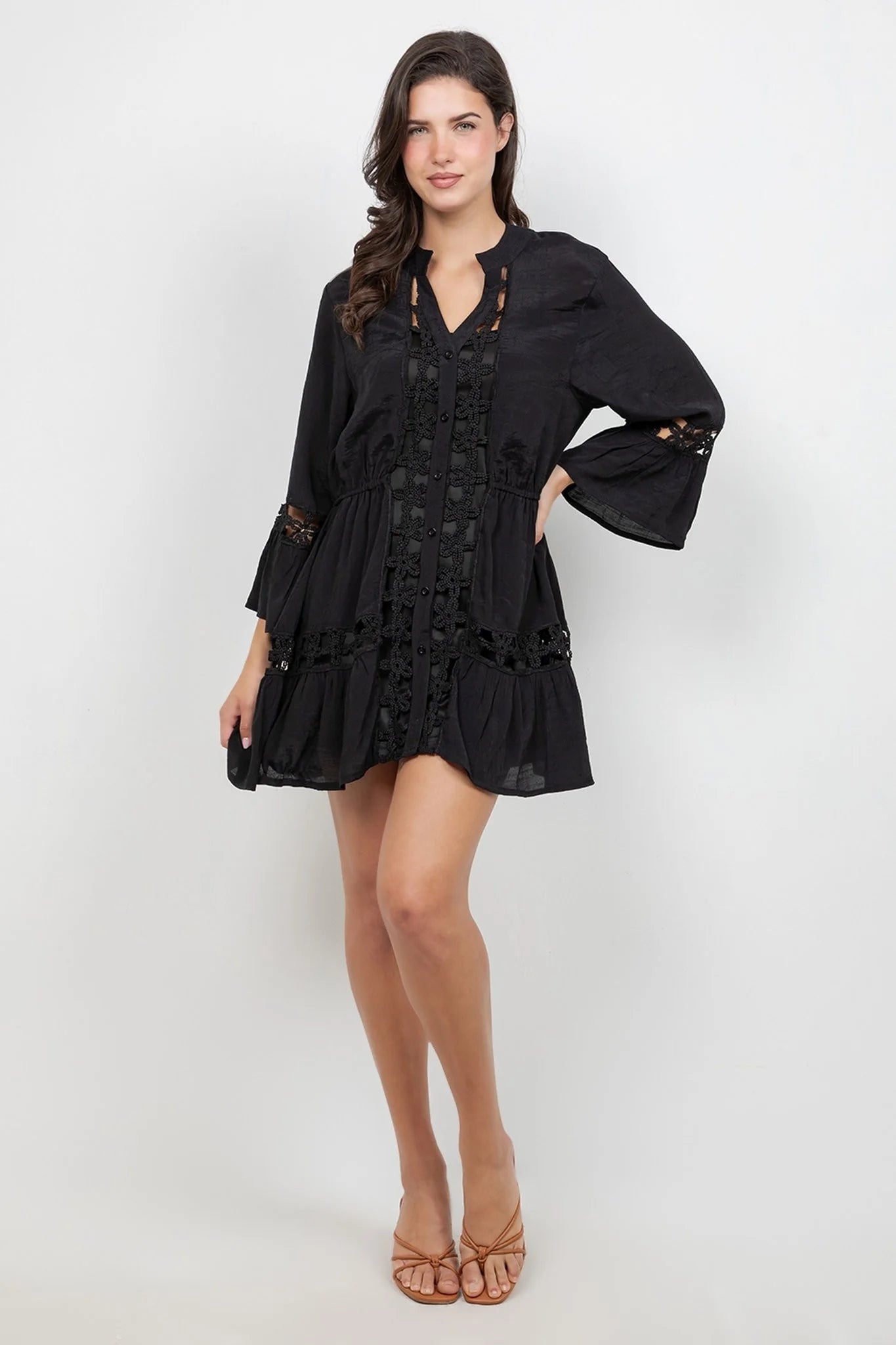 Ladies 3/4 Sleeve Button Down Dress with Flower Lace Cut Outs