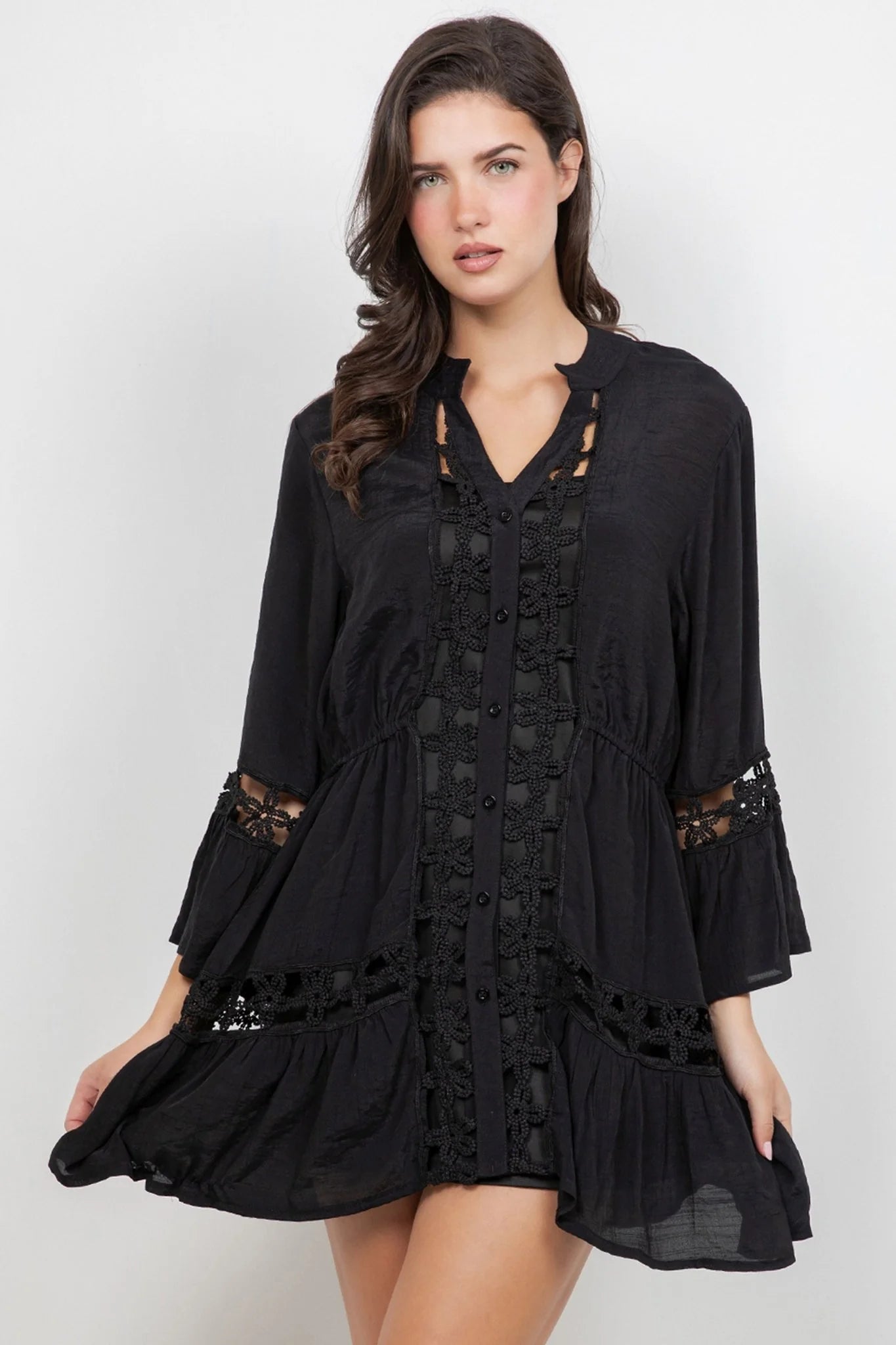 Ladies 3/4 Sleeve Button Down Dress with Flower Lace Cut Outs