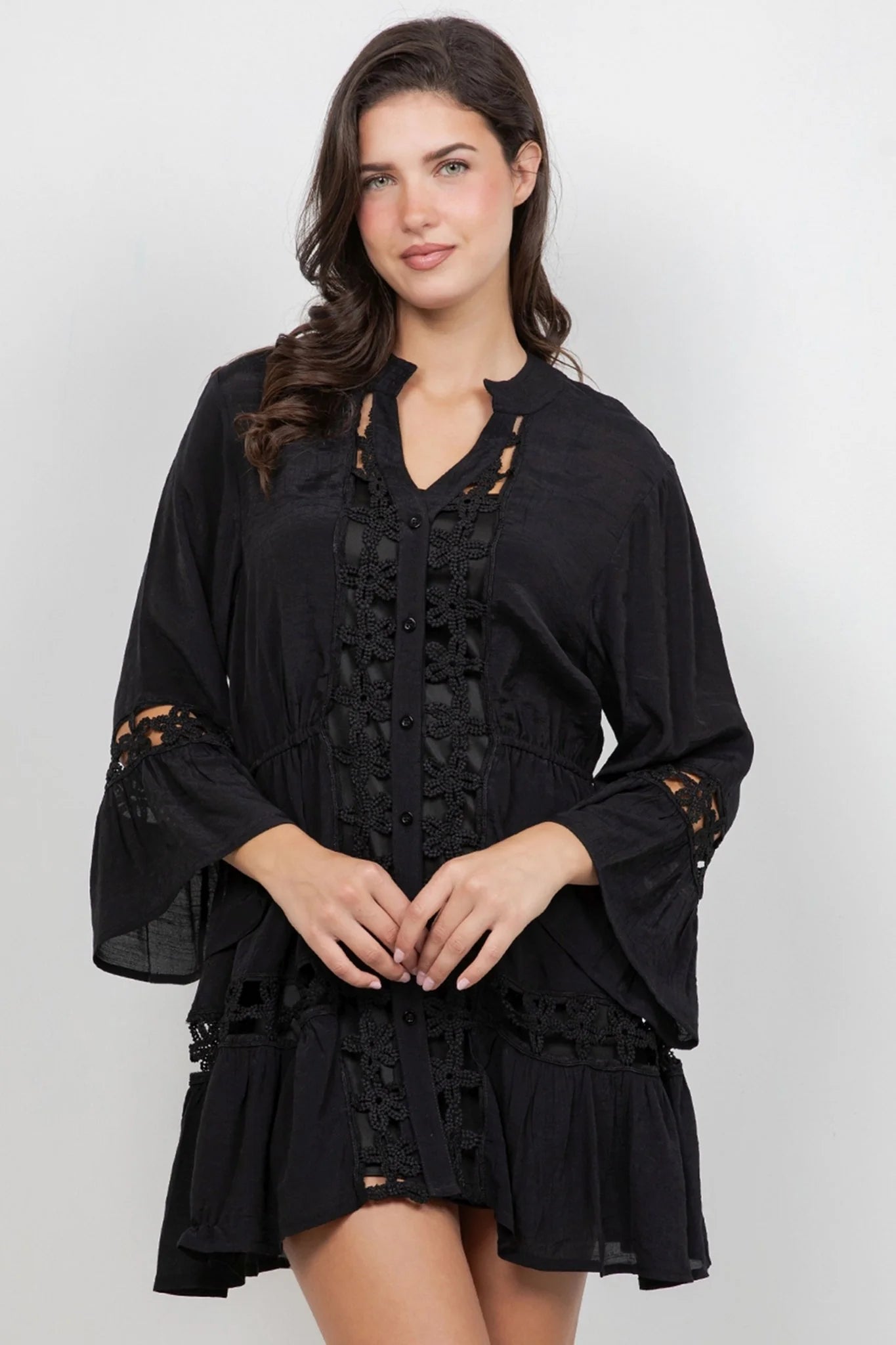 Ladies 3/4 Sleeve Button Down Dress with Flower Lace Cut Outs