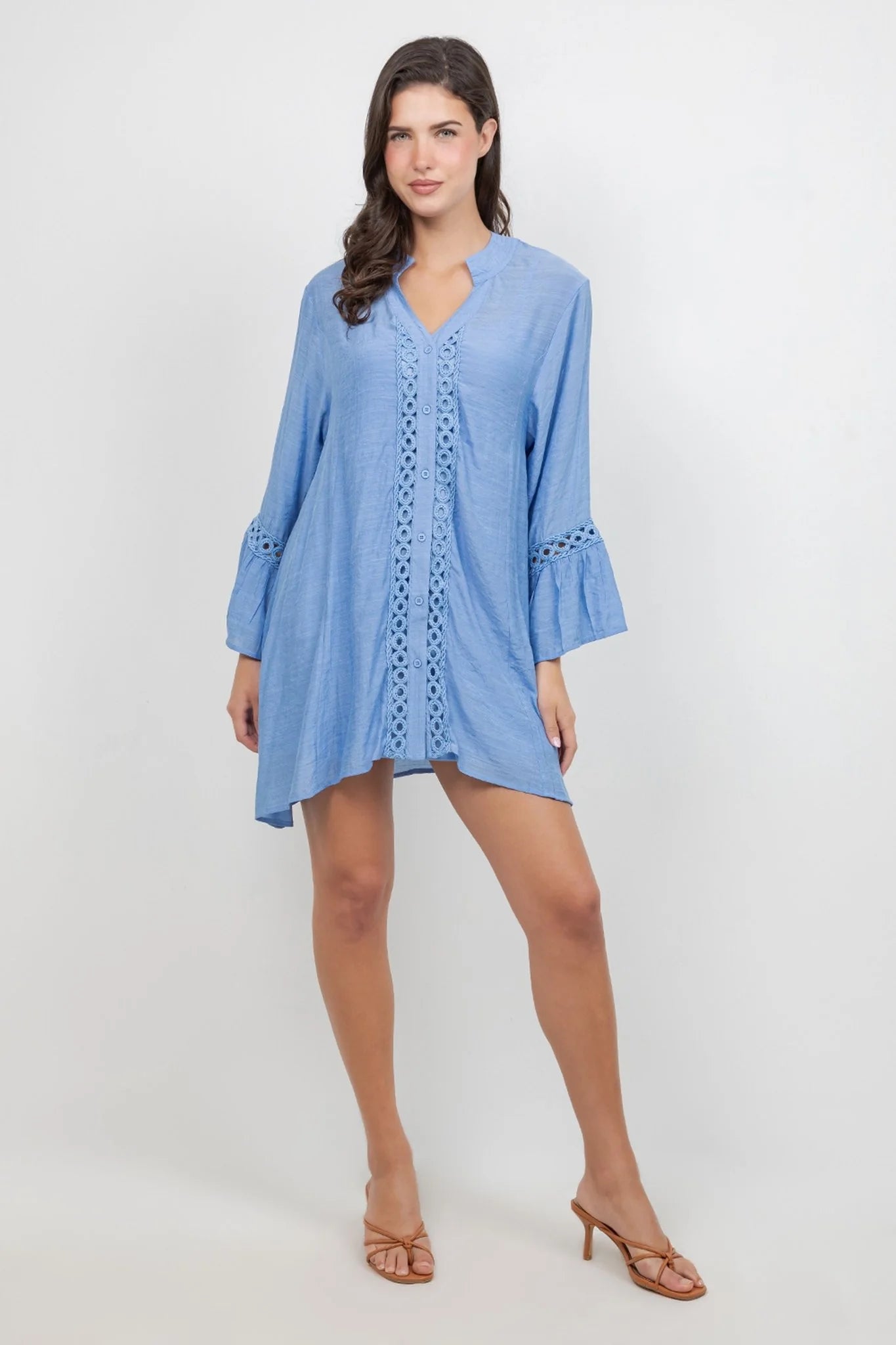 Ladies L/S Button Down Dress with Flower Lace Detail