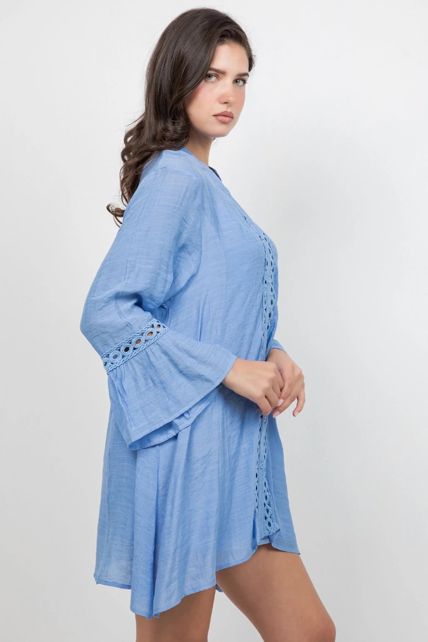 Ladies L/S Button Down Dress with Flower Lace Detail