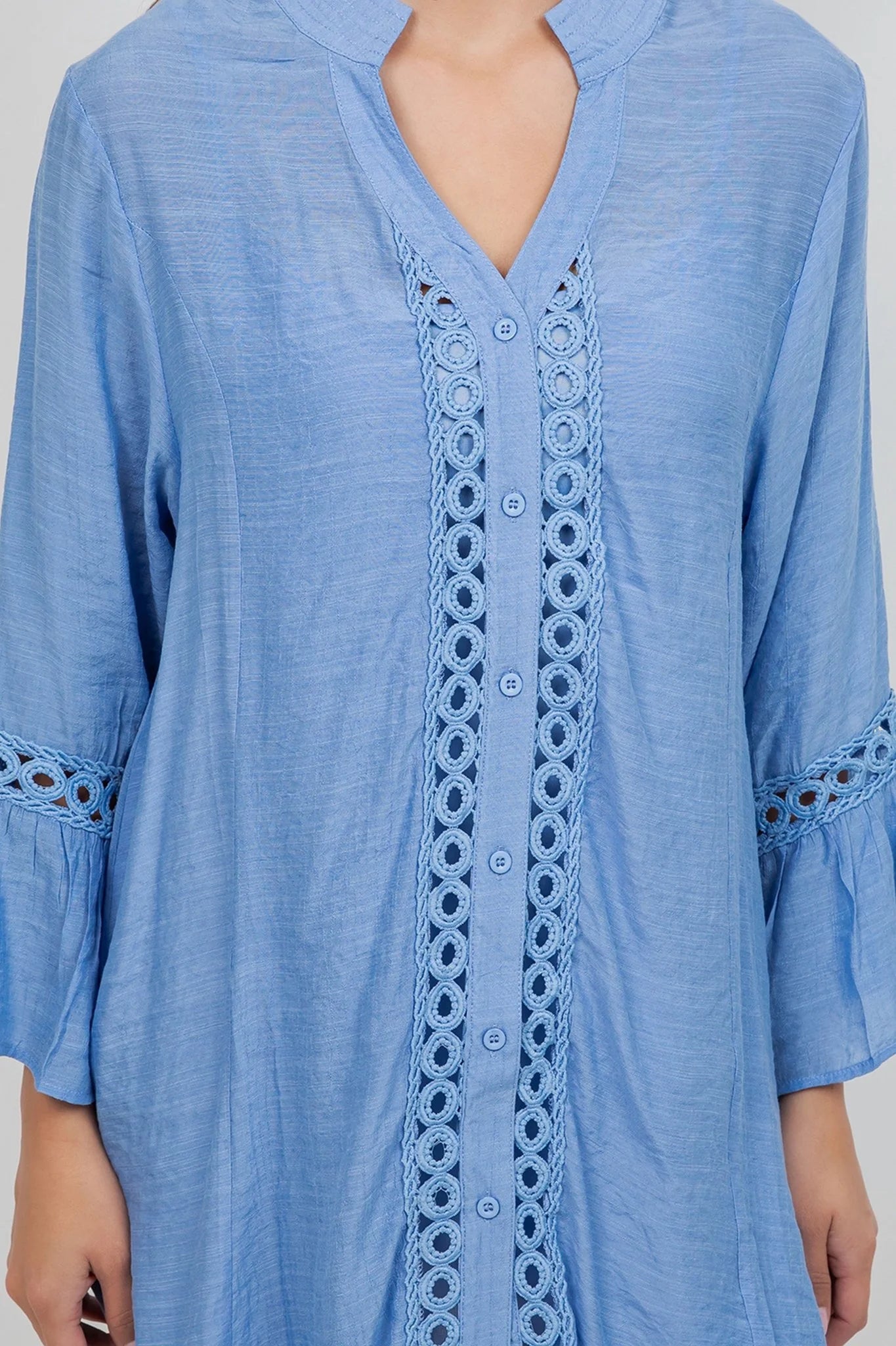 Ladies L/S Button Down Dress with Flower Lace Detail