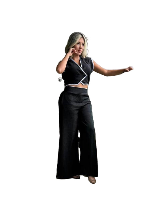Set Clásico de Elegancia Atemporal – Top y Pantalón Palazzo en Negro con Detalle Blanco