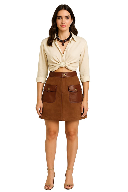 Mini Falda Marrón con Detalles de Cuero - Elegante y Versátil