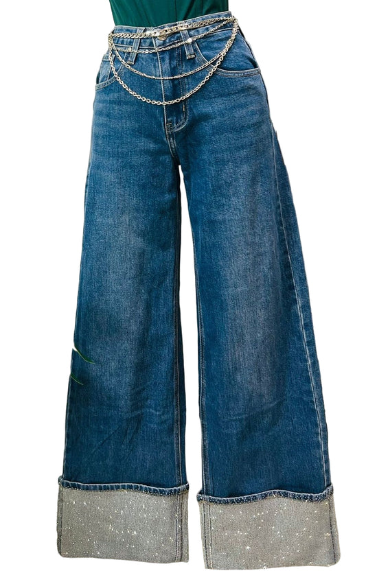 Jeans Wide Leg con Dobladillo Brillante