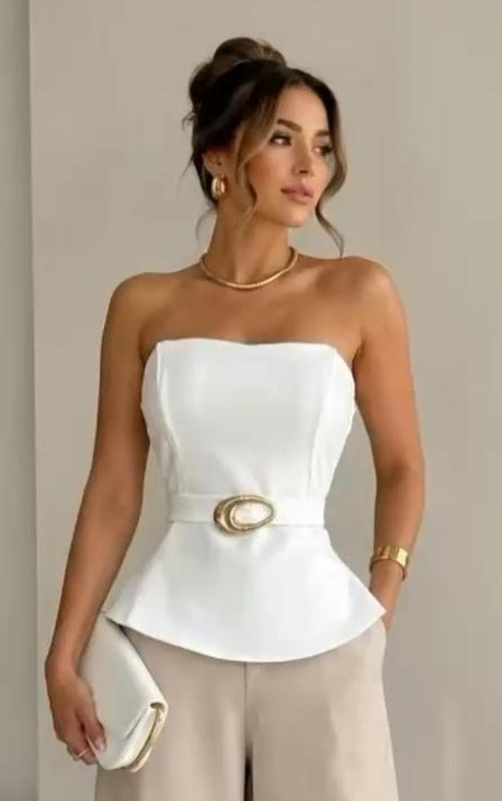 White Strapless Peplum Top