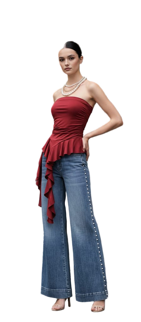 Top Strapless Rojo con Volantes Asimétricos