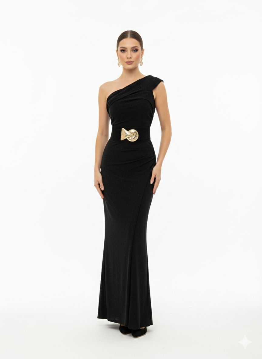 Vestido Negro Elegante Un Hombro - Largo Formal