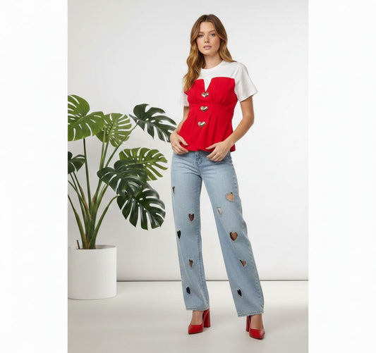 Jean con Orificios de Corazón y Rhinestones