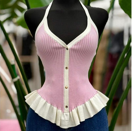 Top Rosa Halter con Volante