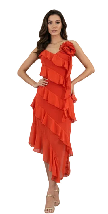 Vestido Rojo con Volantes Asimétricos LC