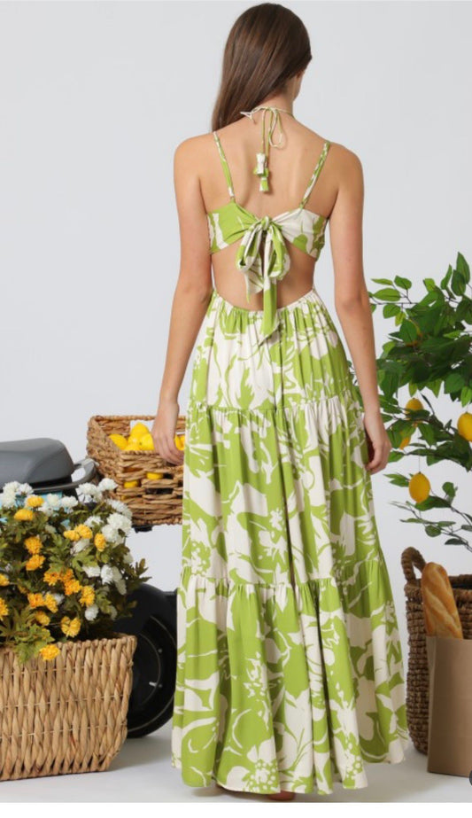 Vestido Maxi Floral Verde con Espalda Abierta - AAKAA