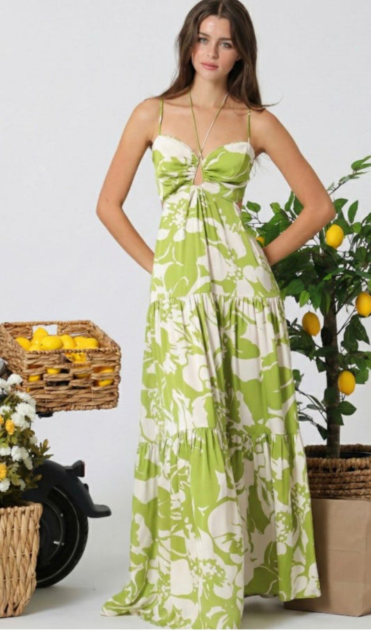 Vestido Maxi Floral Verde con Espalda Abierta - AAKAA