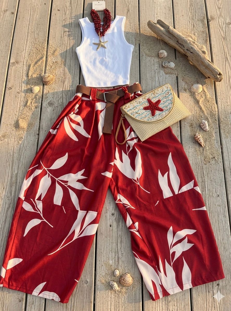 Italian Red Tropical Print Barrel Leg Pants