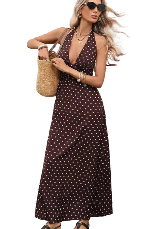 Vestido Maxi Halter de Lunares | Escote en V Profundo