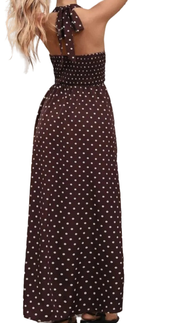 Vestido Maxi Halter de Lunares | Escote en V Profundo